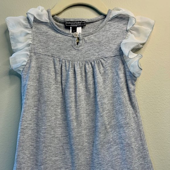 ROCK YOUR BABY Girls Gray Dress 4 4T 120 White Tulle Toddler Girl Flutter Sleeve - Picture 3 of 5
